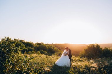 Güzel mutlu gelin ve damat doğada gün batımında poz veriyor.                