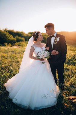 Güzel mutlu gelin ve damat doğada gün batımında poz veriyor.                