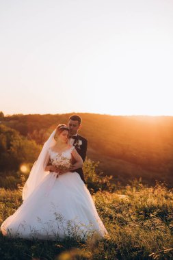 Güzel mutlu gelin ve damat doğada gün batımında poz veriyor.                