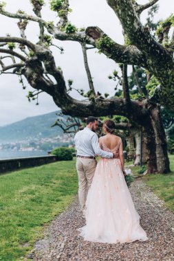 Dağ gölü kıyısında yürüyen güzel bir çiftin arka manzarası. 