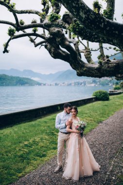 Genç gelin ve damat parkta yürüyorlar manzaralı dağ gölü yakınlarında