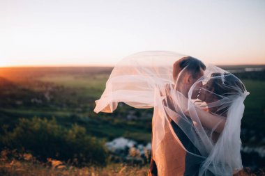 Güzel mutlu gelin ve damat doğada gün batımında poz veriyor.                