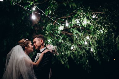 Güzel genç gelin ve damat gece parkta öpüşüyor.