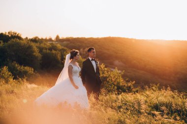 Mutlu gelin ve damat gün batımında güzel bir manzarada yürüyorlar.                