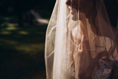 Gelinlik ve peçeyle gün batımında parkta güzel bir gelin.   