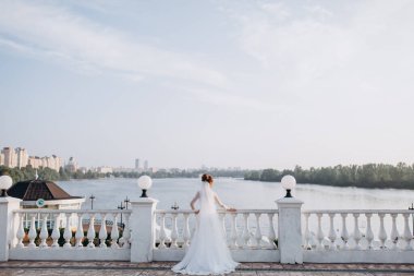 Köprüde durup nehire bakan genç gelinin arka manzarası