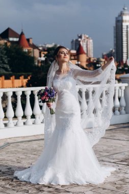 Şehirde poz veren zarif beyaz gelinlik içindeki güzel genç gelinin portresi.          