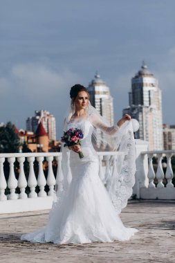 Şehirde poz veren zarif beyaz gelinlik içindeki güzel genç gelinin portresi.          