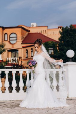 Şehirde poz veren zarif beyaz gelinlik içindeki güzel genç gelinin portresi.          