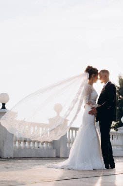 Güzel mutlu gelin ve damat düğün gününde gün batımında dışarıda poz veriyorlar.                 