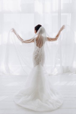 Beyaz gelinlik ve duvak içinde odada poz veren genç gelinin portresi..       