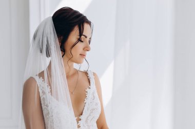 Beyaz gelinlikle çok güzel genç gelin portresi.          