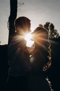 Güzel gelin ve damat günbatımında öpüşme 