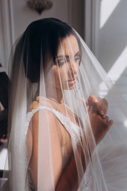 Peçeli gelinlik içinde güzel bir gelinin portresi.