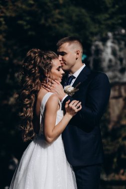 Genç bir çift düğün günlerinde güneşli bir yaz parkında romantik bir anın tadını çıkarır. Doğayla çevrili, gülümsüyor ve birbirlerine sevgiyle sarılıyorlar..