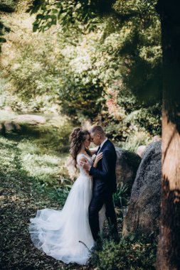 Genç bir çift düğün günlerinde güneşli bir yaz parkında romantik bir anın tadını çıkarır. Doğayla çevrili, gülümsüyor ve birbirlerine sevgiyle sarılıyorlar..