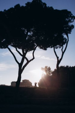 Gün batımında arka planda bir kadın ve bir erkek silueti..