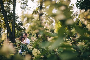 Güzel genç çift ağaçlarda poz veriyor. 
