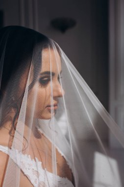 Peçeli gelinlik içinde güzel bir gelinin portresi.