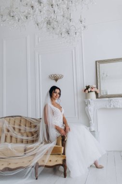 Şık iç kısımda oturan gelinlik içindeki güzel genç gelin.        