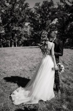 Güzel, mutlu gelin ve damat düğün günü parkta sarılıyorlar.      