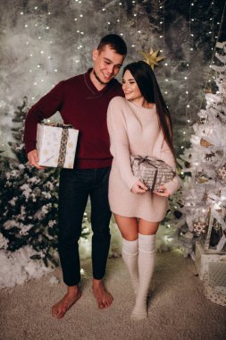 Birbirlerine aşık genç bir çift stüdyoda rahat bir Noel süslemesiyle poz veriyorlar. Yeni yılın aşk hikayesi.. 