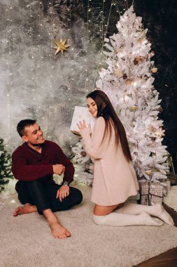 Birbirlerine aşık genç bir çift stüdyoda rahat bir Noel süslemesiyle poz veriyorlar. Yeni yılın aşk hikayesi.. 