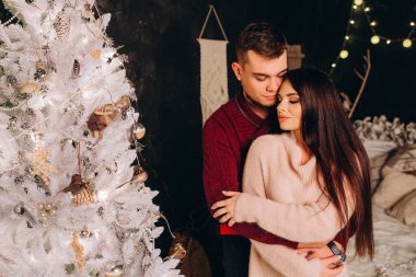 Birbirlerine aşık genç bir çift stüdyoda rahat bir Noel süslemesiyle poz veriyorlar. Yeni yılın aşk hikayesi.. 