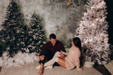 Birbirlerine aşık genç bir çift stüdyoda rahat bir Noel süslemesiyle poz veriyorlar. Yeni yılın aşk hikayesi.. 