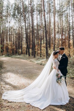 Güzel mutlu gelin ve damat düğün günü ormanda birbirlerine sarılıp poz veriyorlar.                            
