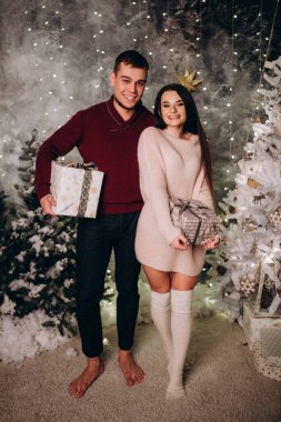 Birbirlerine aşık genç bir çift stüdyoda rahat bir Noel süslemesiyle poz veriyorlar. Yeni yılın aşk hikayesi.. 