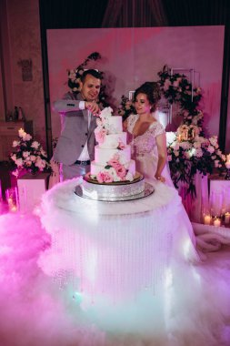 Mutlu gelin ve damat düğün gününü kutluyor ve düğün pastasını kesiyor.           