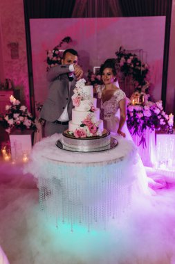 Mutlu gelin ve damat düğün gününü kutluyor ve düğün pastasını kesiyor.           