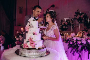 Mutlu gelin ve damat düğün gününü kutluyor ve düğün pastasını kesiyor.           