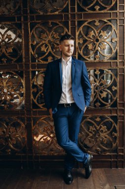 Klasik takım elbiseli genç ve zarif iş adamı. 