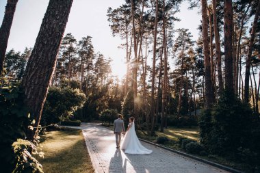 Genç ve mutlu bir çift yaz parkında yürüyor.          