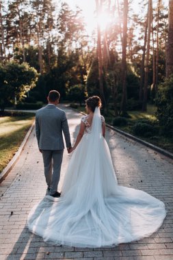 Genç ve mutlu bir çift yaz parkında yürüyor.          