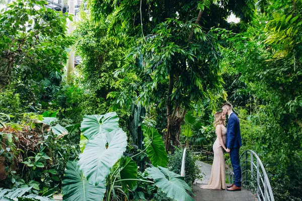 Birbirine aşık güzel, genç bir çift tropikal bahçedeki köprüde yan yana duruyor.