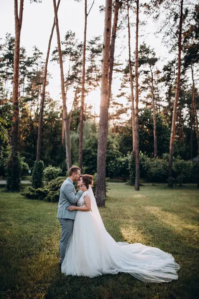 Mutlu genç gelin ve damat parkta öpüşme              