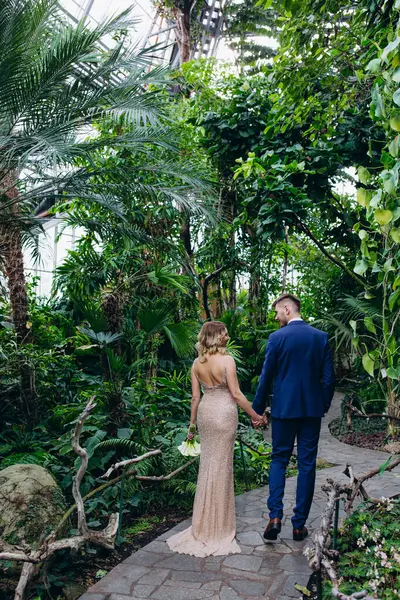 Botanik bahçesinde yürüyen bir çiftin arka görüntüsü. 