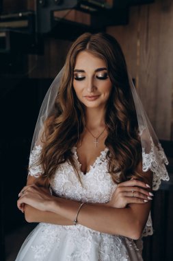 Beyaz elbiseli ve dantel peçeli güzel gelinin portresi.        