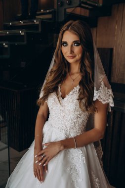 Beyaz elbiseli ve dantel peçeli güzel gelinin portresi.        