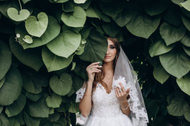 Beyaz elbiseli ve dantel peçeli güzel gelinin portresi.        