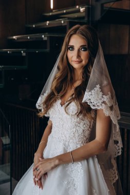 Beyaz elbiseli ve dantel peçeli güzel gelinin portresi.        