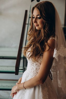 Beyaz elbiseli ve dantel peçeli güzel gelinin portresi.        