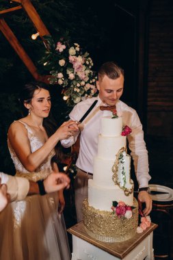 Gelin ve damat düğün töreninde düğün pastasını kesiyorlar. 