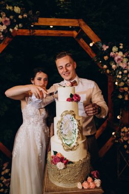 Gelin ve damat düğün töreninde düğün pastasını kesiyorlar. 