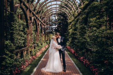 Genç gelin ve damat güzel bahçede öpüşüyor.    