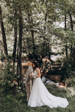 Güzel mutlu gelin ve damat gölün yakınındaki ormanda poz veriyor..          