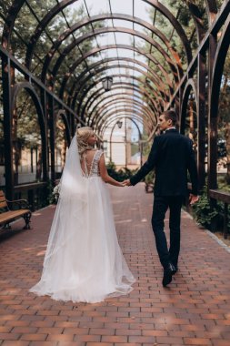 Arkadan görünüş elele ve açık havada yürüyüş güzel düğün Çift